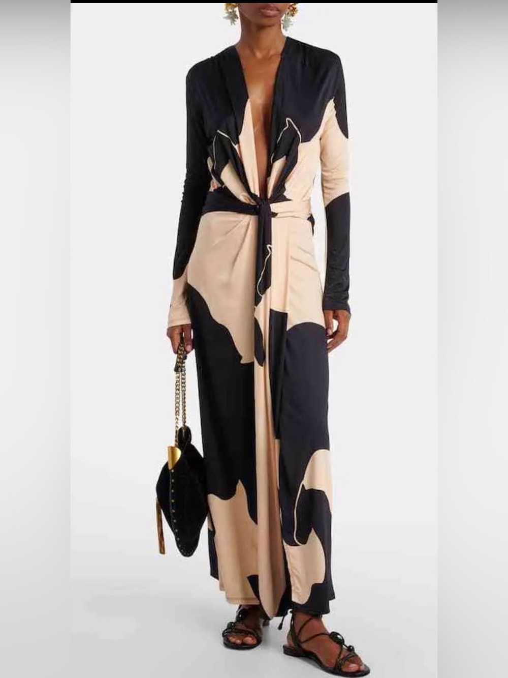Johanna Ortiz Black & Cream Long Sleeve Tie-Waist Maxi